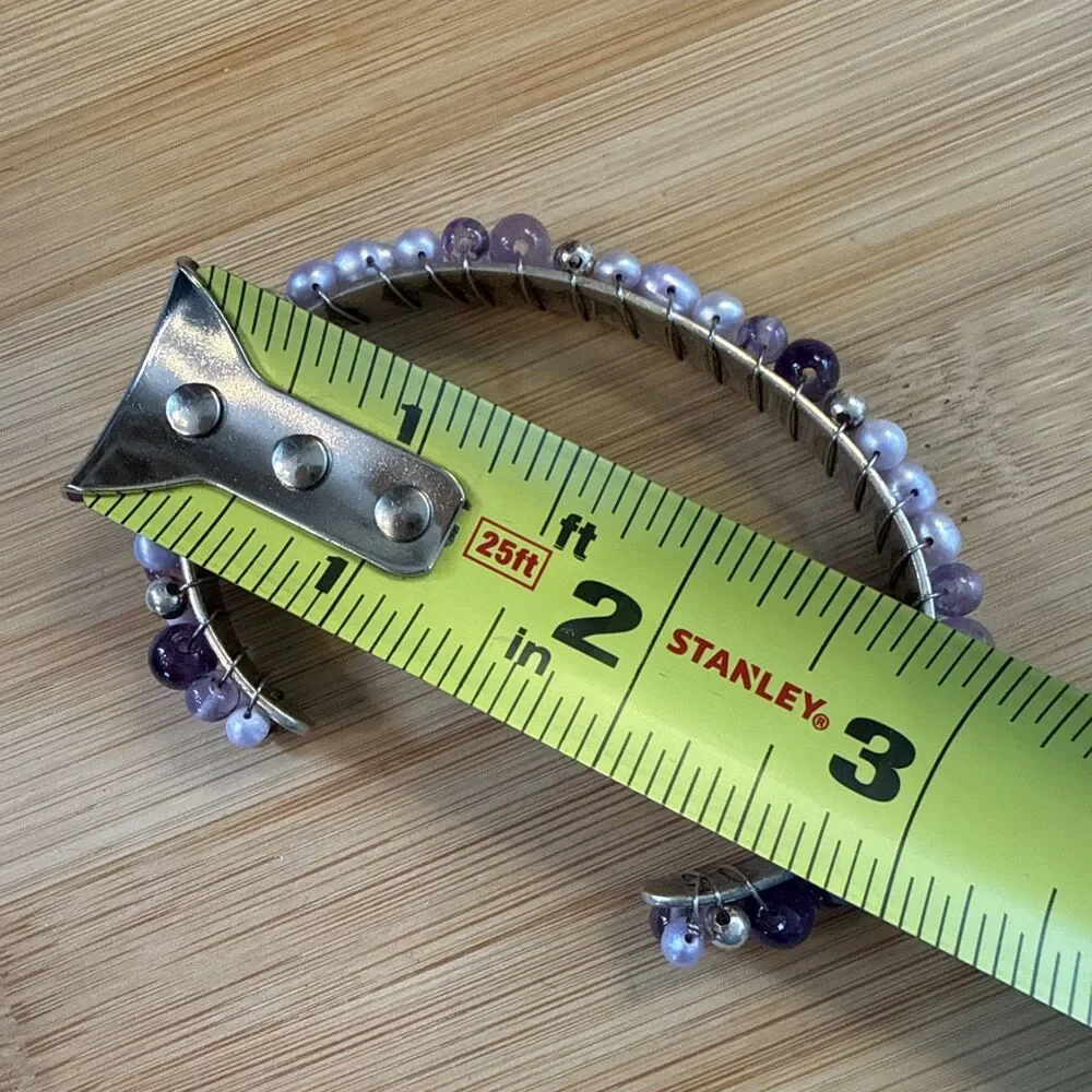LAVENDER PURPLE PEARL BEAD WIRED BRACELET ON 925 SILVER BANGLE CUFF